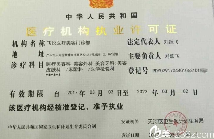 广州飞悦医疗美容门诊部执业许可证件