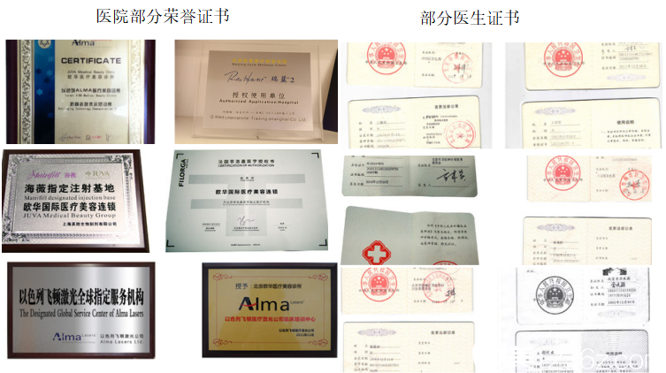 北京欧华医疗美容医院部分荣誉和部分医生证书展示