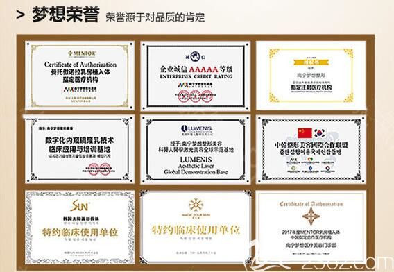 南宁梦想整形医院部分荣誉证书图