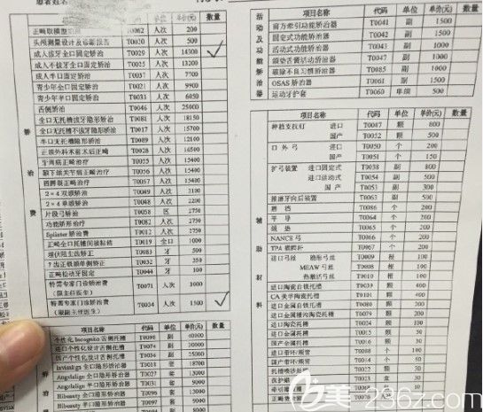 面诊时看到的杭州口腔医院价目表
