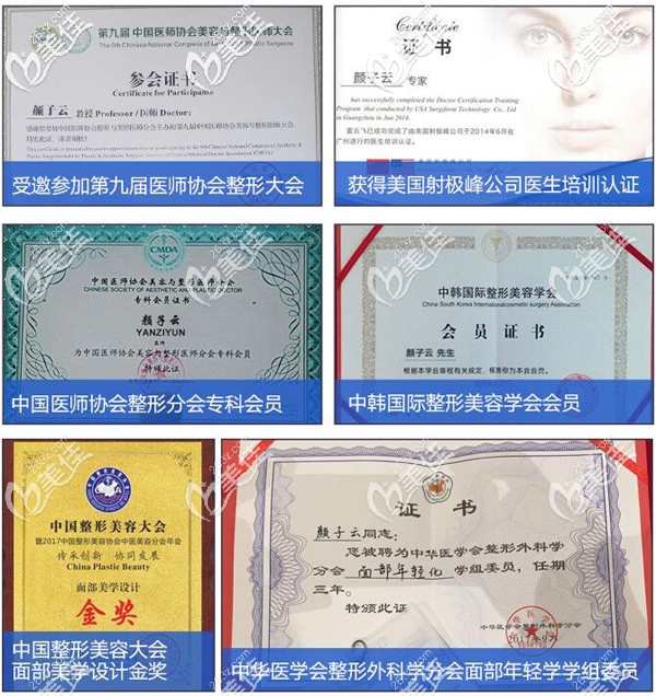 颜子云医生部分荣誉证书 颜子云医生部分荣誉证书